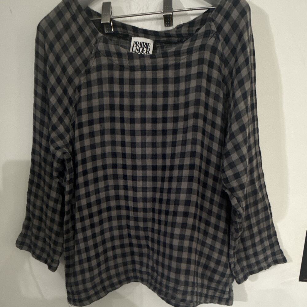 Prairie Underground Women’s Gray Black Check Round Neck Organic Cotton Top M
